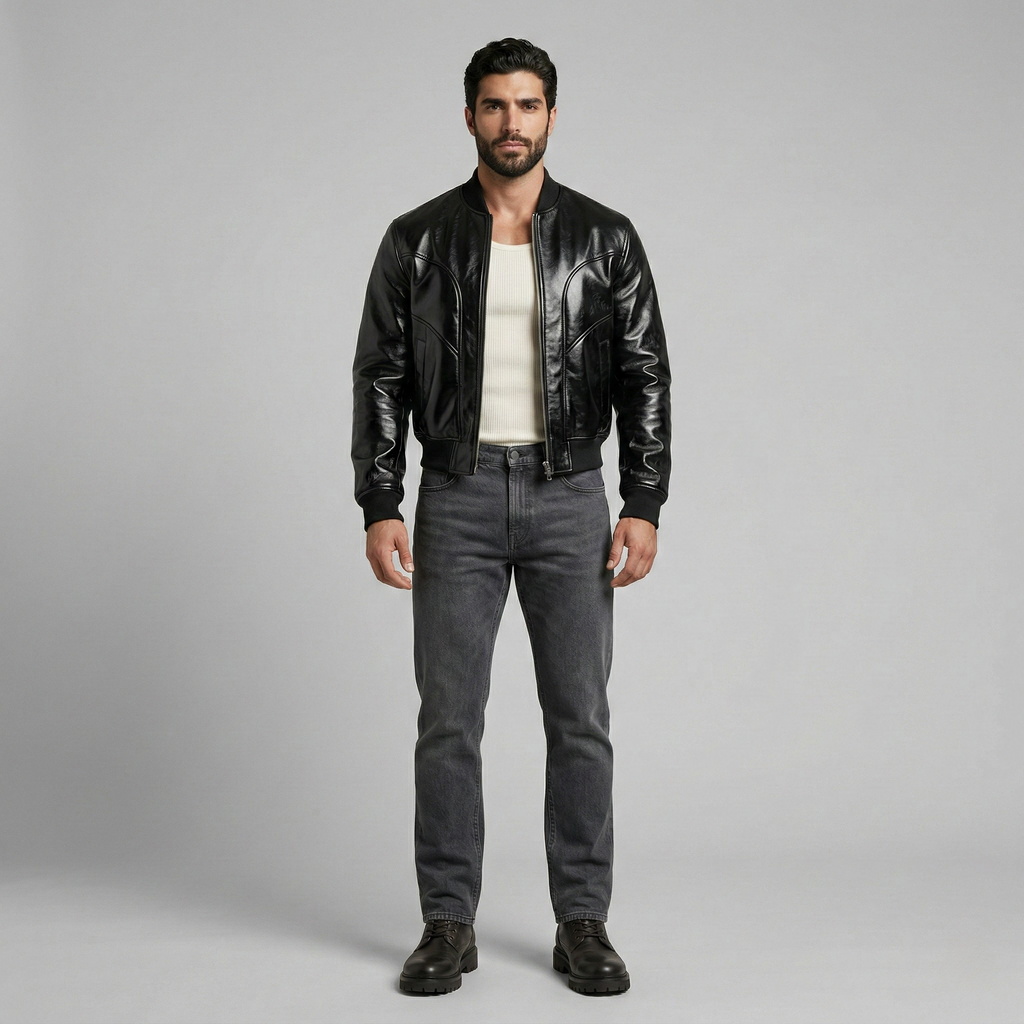 High-Gloss Black Luxe Bomber Jacket