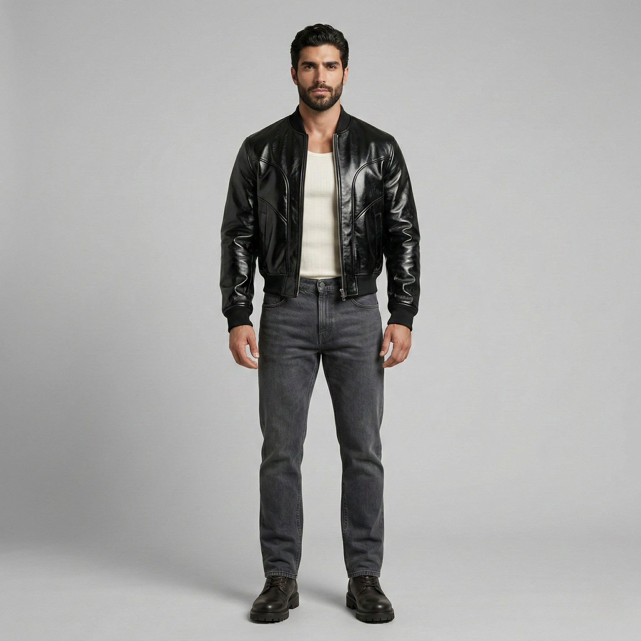 High-Gloss Black Luxe Bomber Jacket