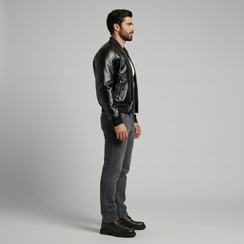 High-Gloss Black Luxe Bomber Jacket
