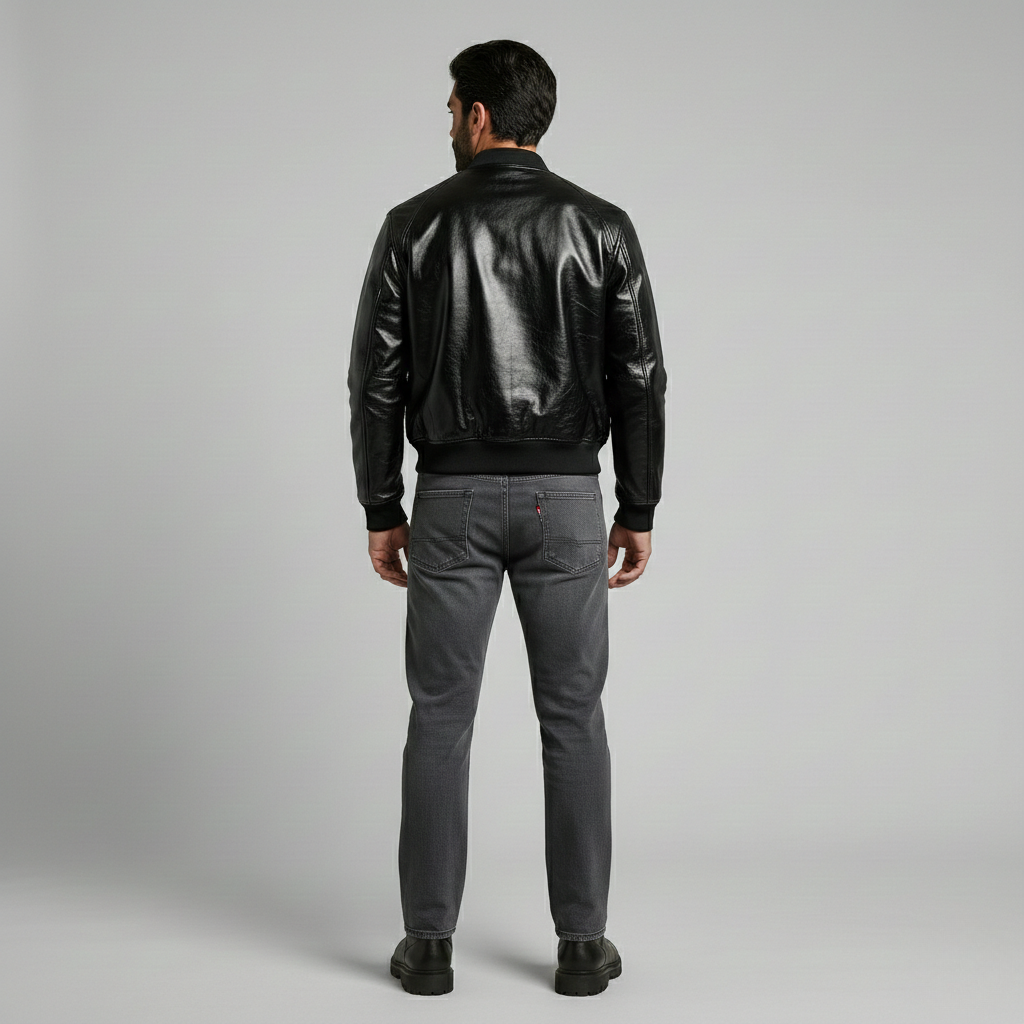 High-Gloss Black Luxe Bomber Jacket