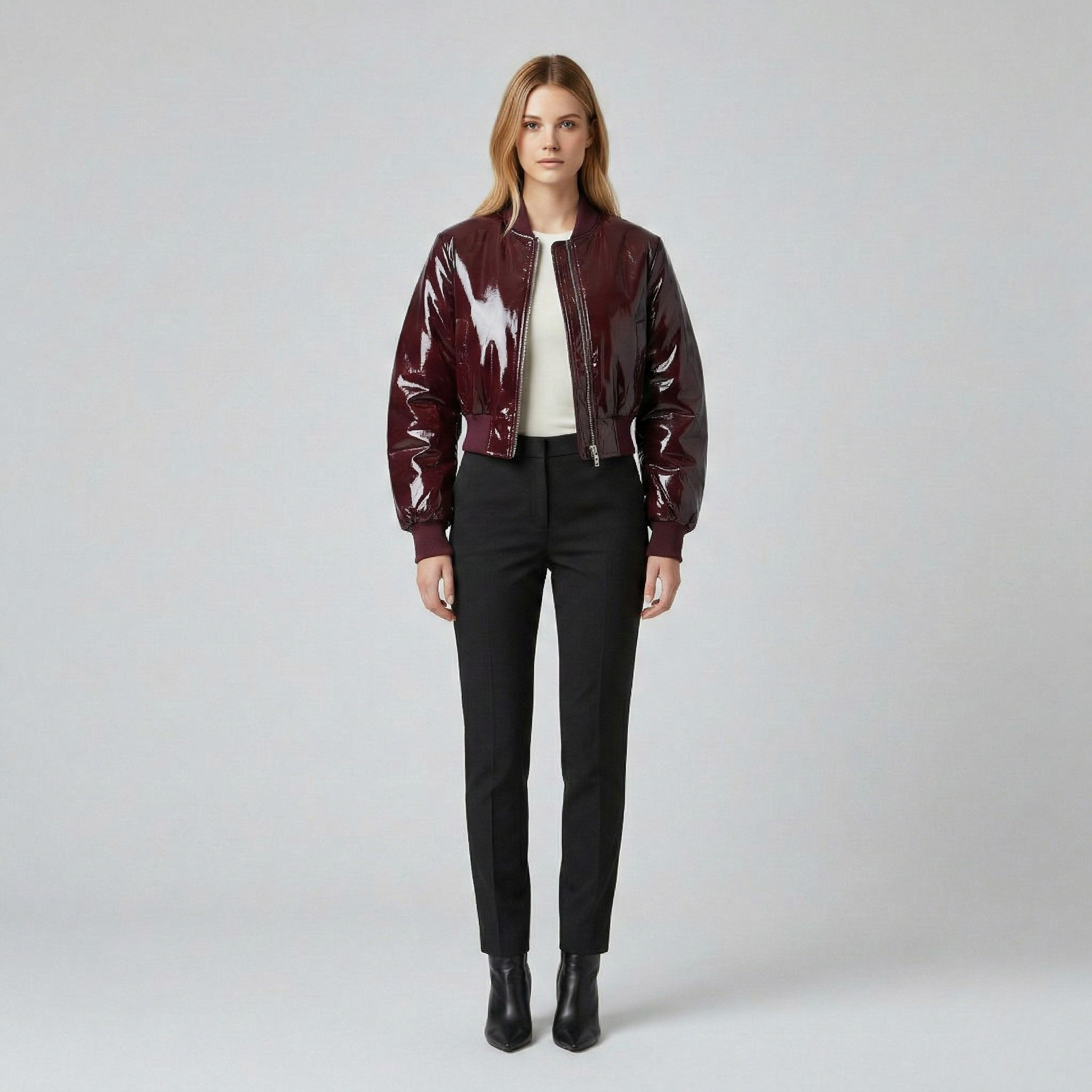 High-Gloss Cropped Bomber Jacket