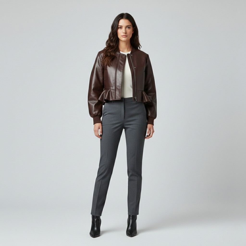 Peplum Hem Cropped Leather Jacket
