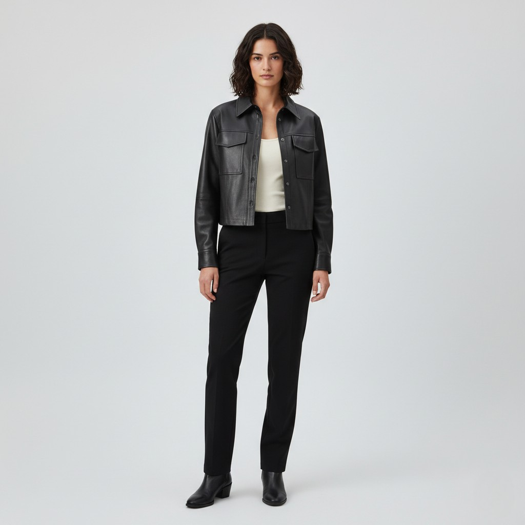 Cropped Leather Utility Shirt Jacket