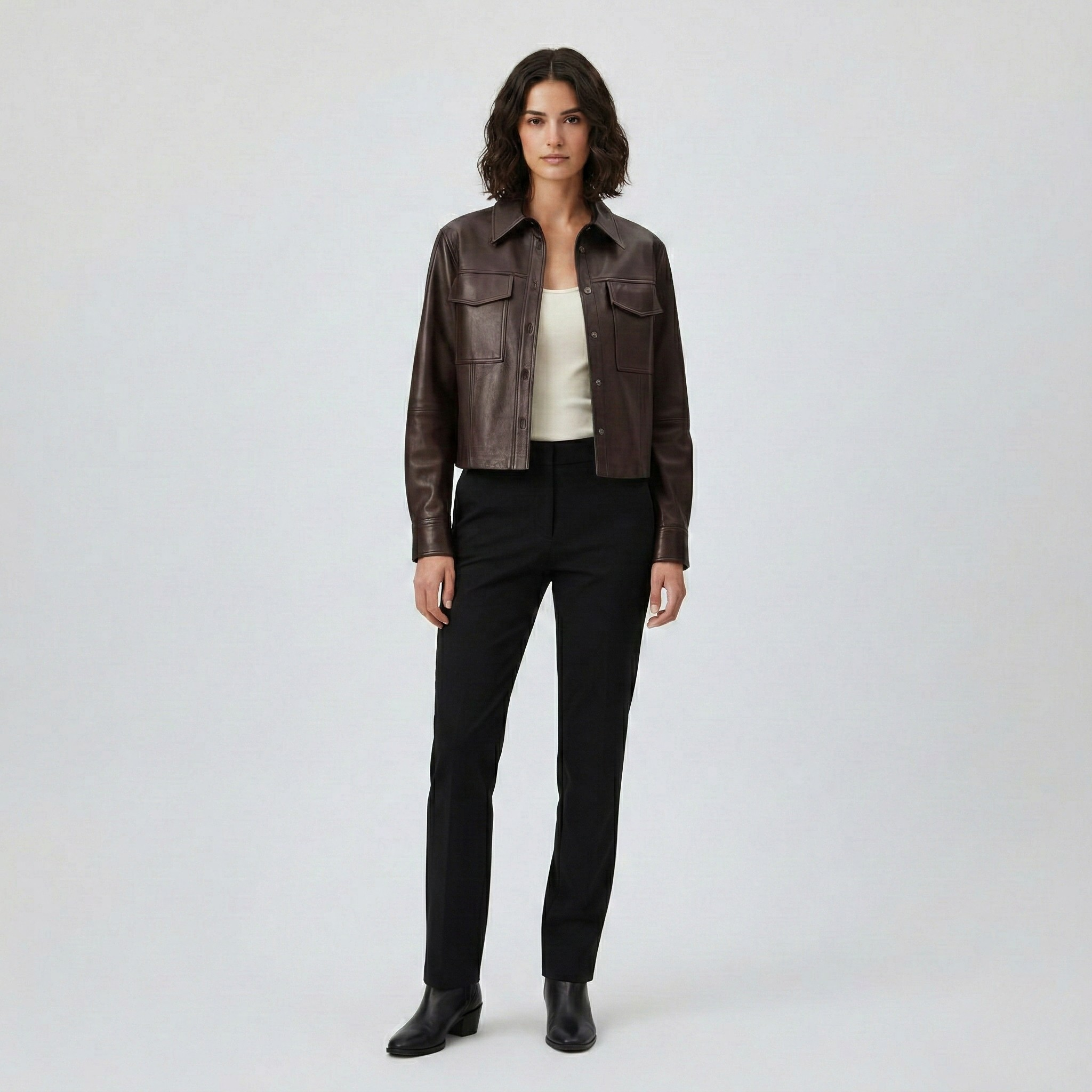 Cropped Leather Utility Shirt Jacket