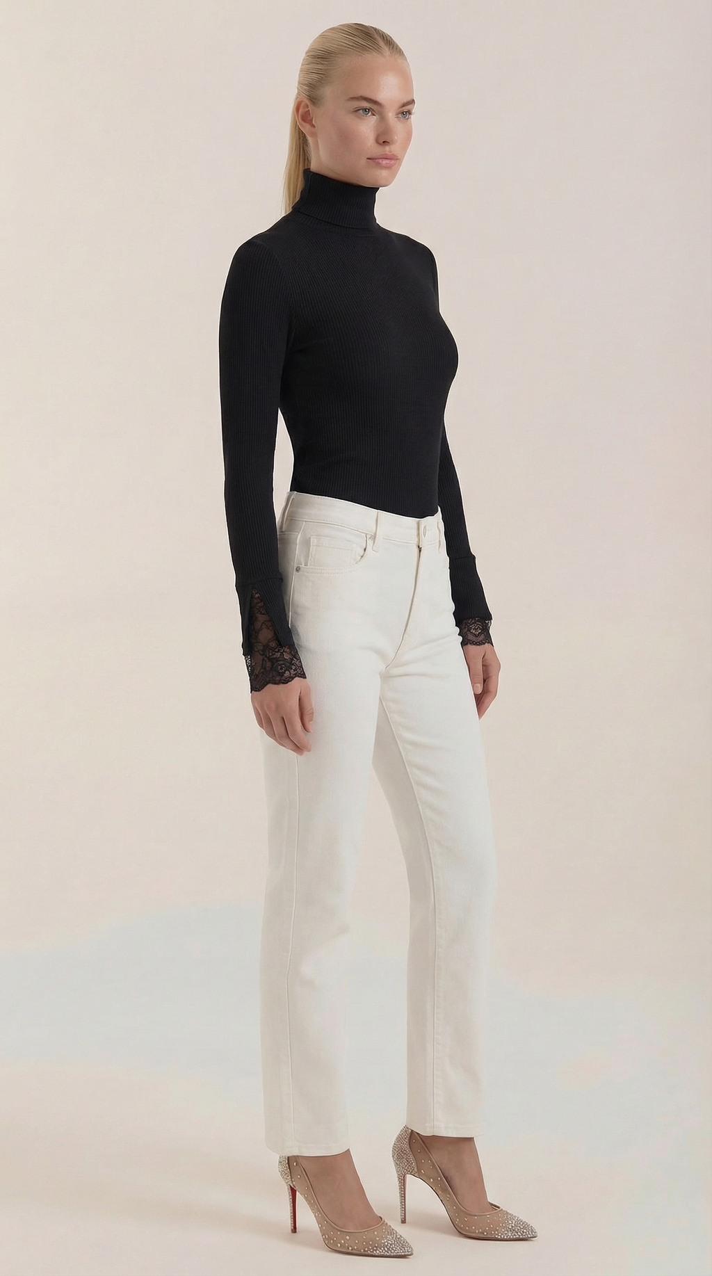 Beth Ribbed Lace-Cuff Turtleneck 1