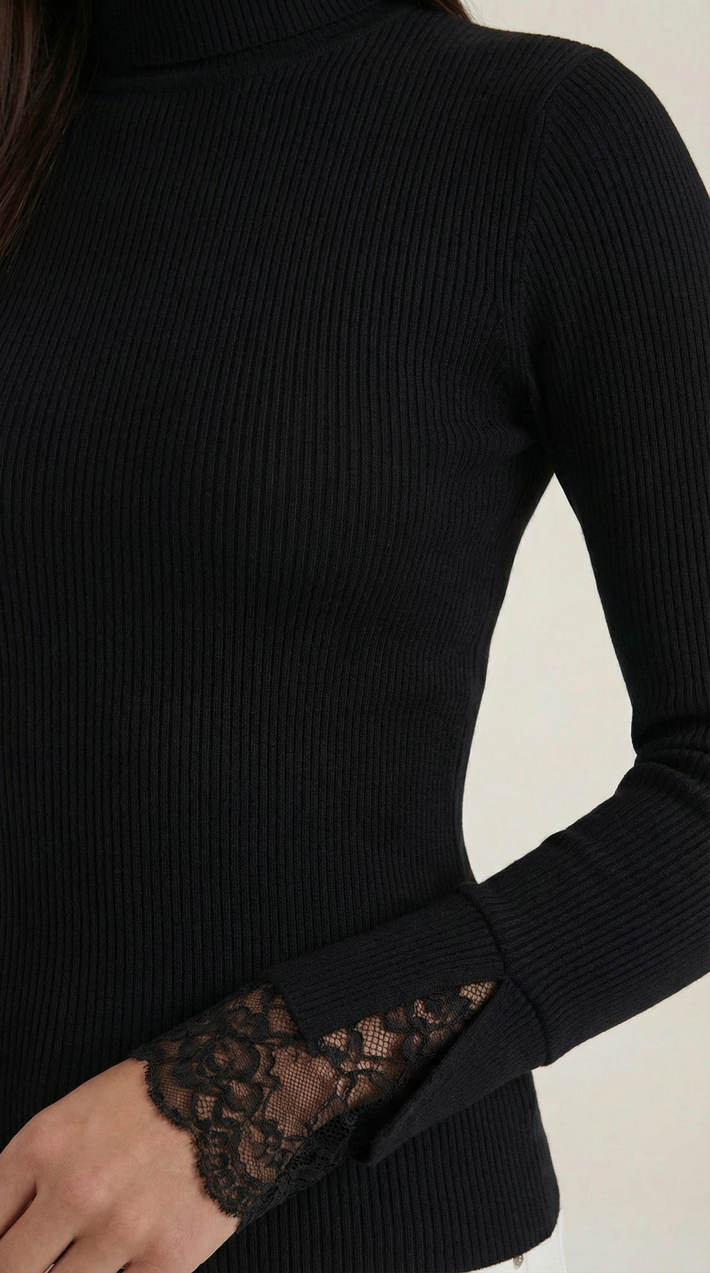 Beth Ribbed Lace-Cuff Turtleneck 2