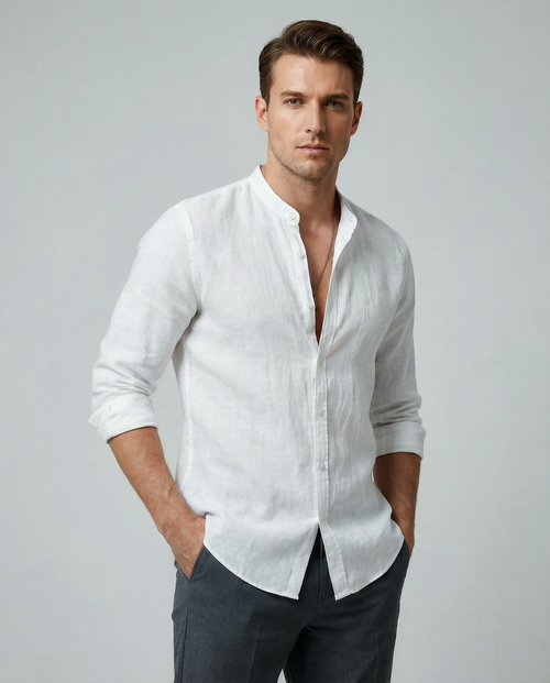Cedar Men's Linen Shirt – Lightweight Stand-Up Collar for Summer Comfort 0