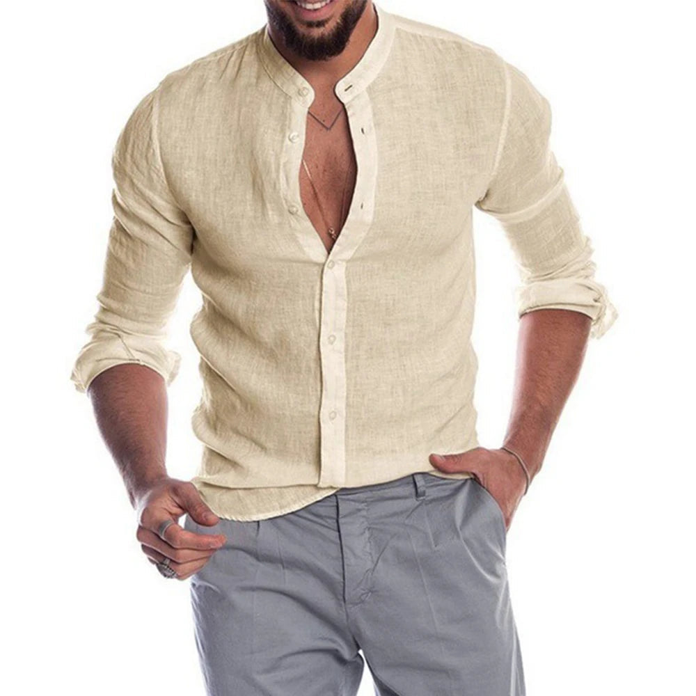 Cedar Men's Linen Shirt – Lightweight Stand-Up Collar for Summer Comfort 3