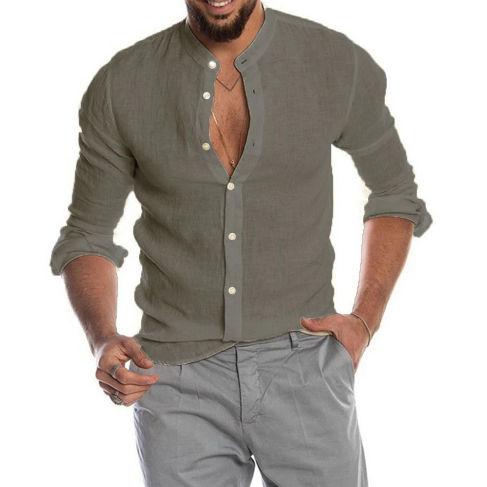 Cedar Men's Linen Shirt – Lightweight Stand-Up Collar for Summer Comfort 4