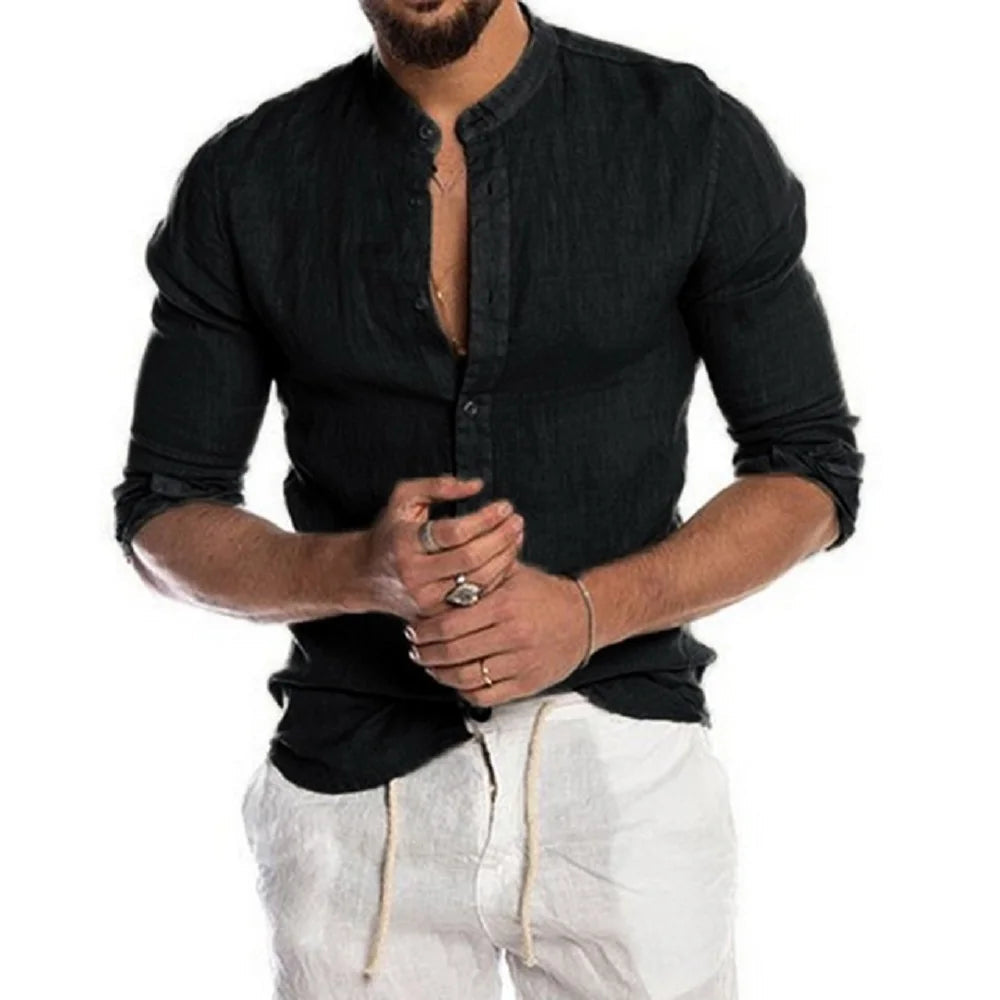 Cedar Men's Linen Shirt – Lightweight Stand-Up Collar for Summer Comfort 5