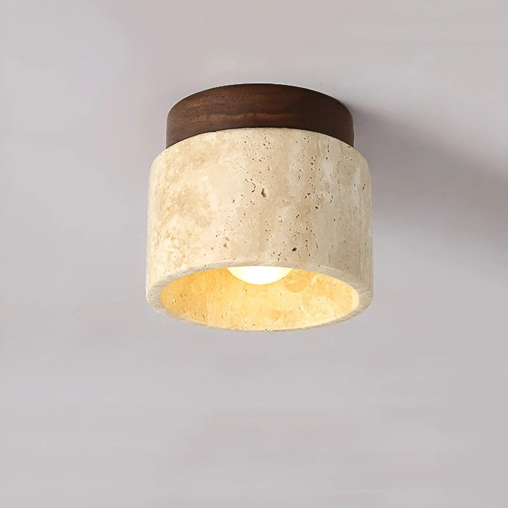 Rustic Travertine Ceiling Lamp – Wabi-Sabi Stone & Wood Flush Mount Ceiling Light, Japandi Lighting, Walnut or Natural Wood – TravaGlow