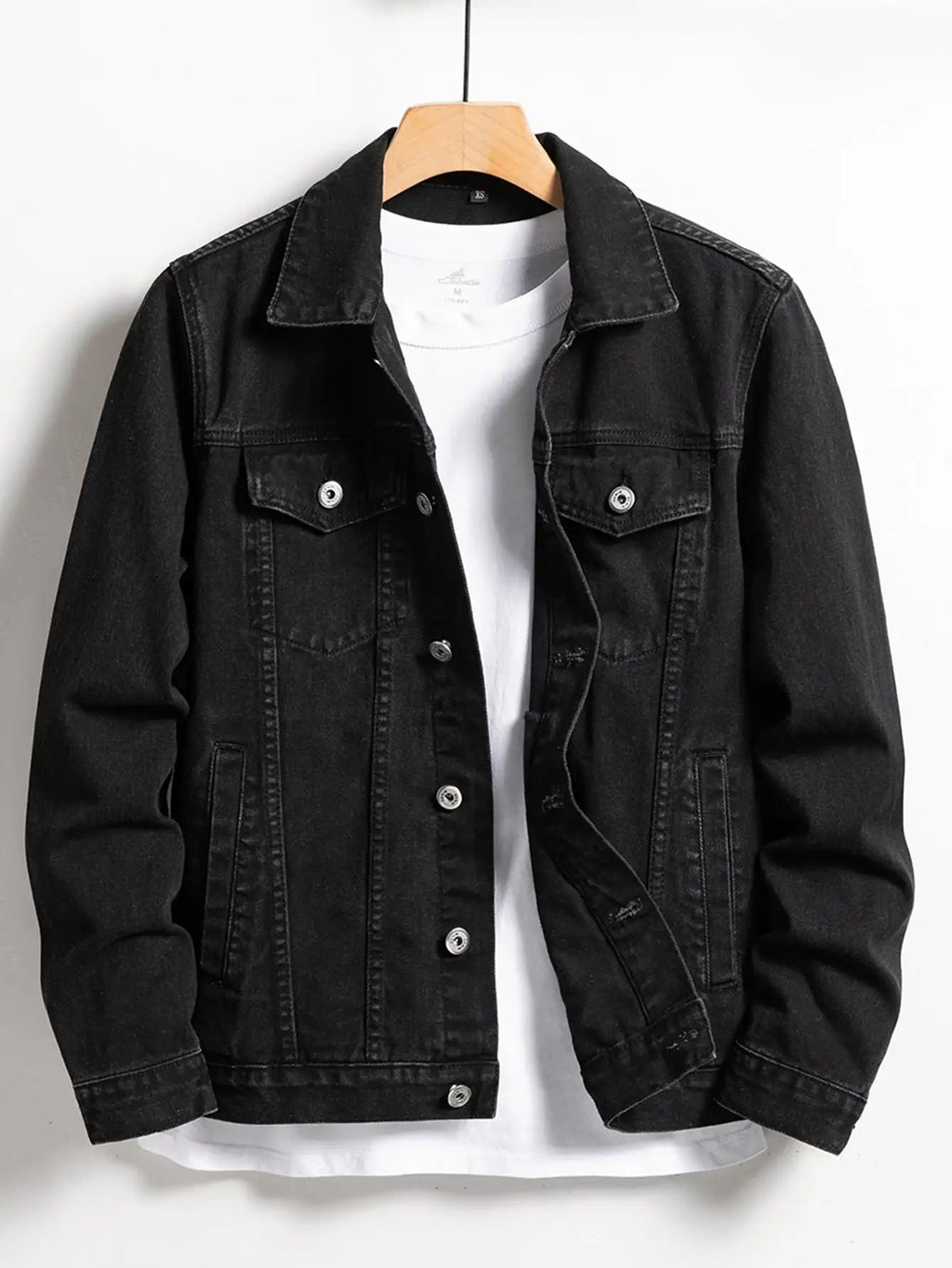 Men's Black Denim Jacket – Classic Lapel Design for Casual Style 0