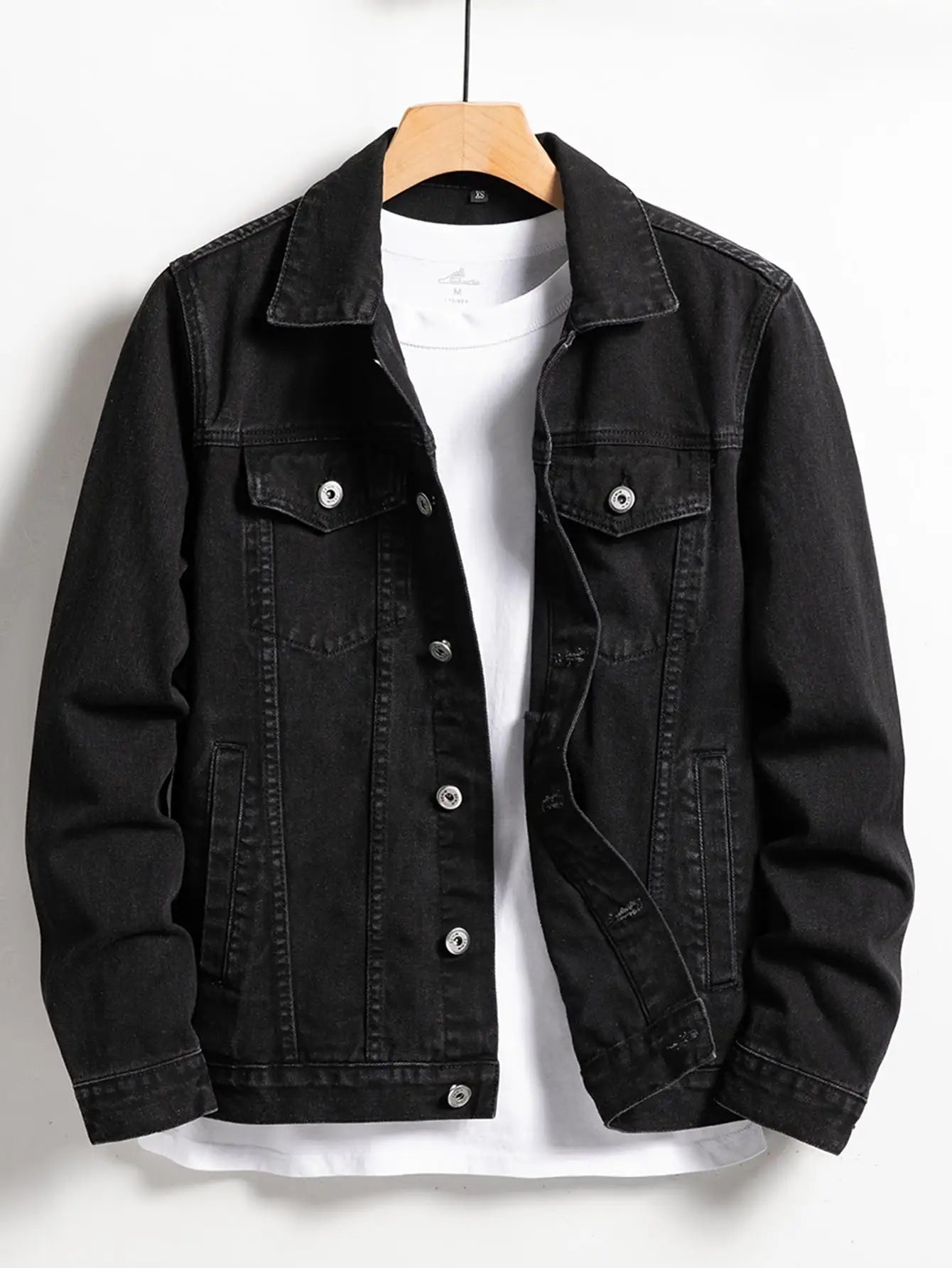 Men's Black Denim Jacket – Classic Lapel Design for Casual Style 0