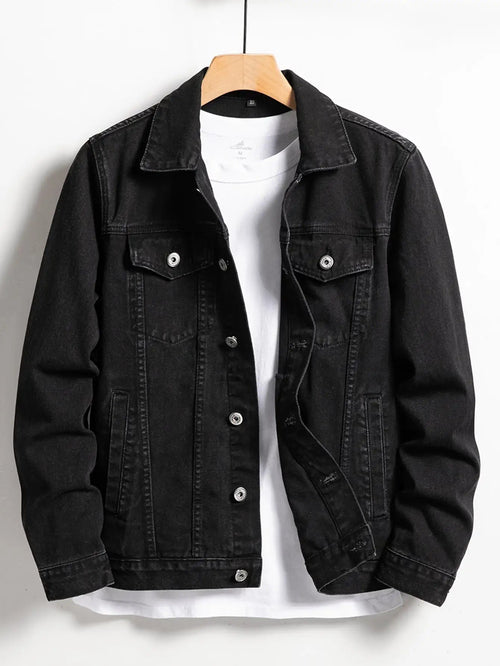 Men's Black Denim Jacket – Classic Lapel Design for Casual Style 0