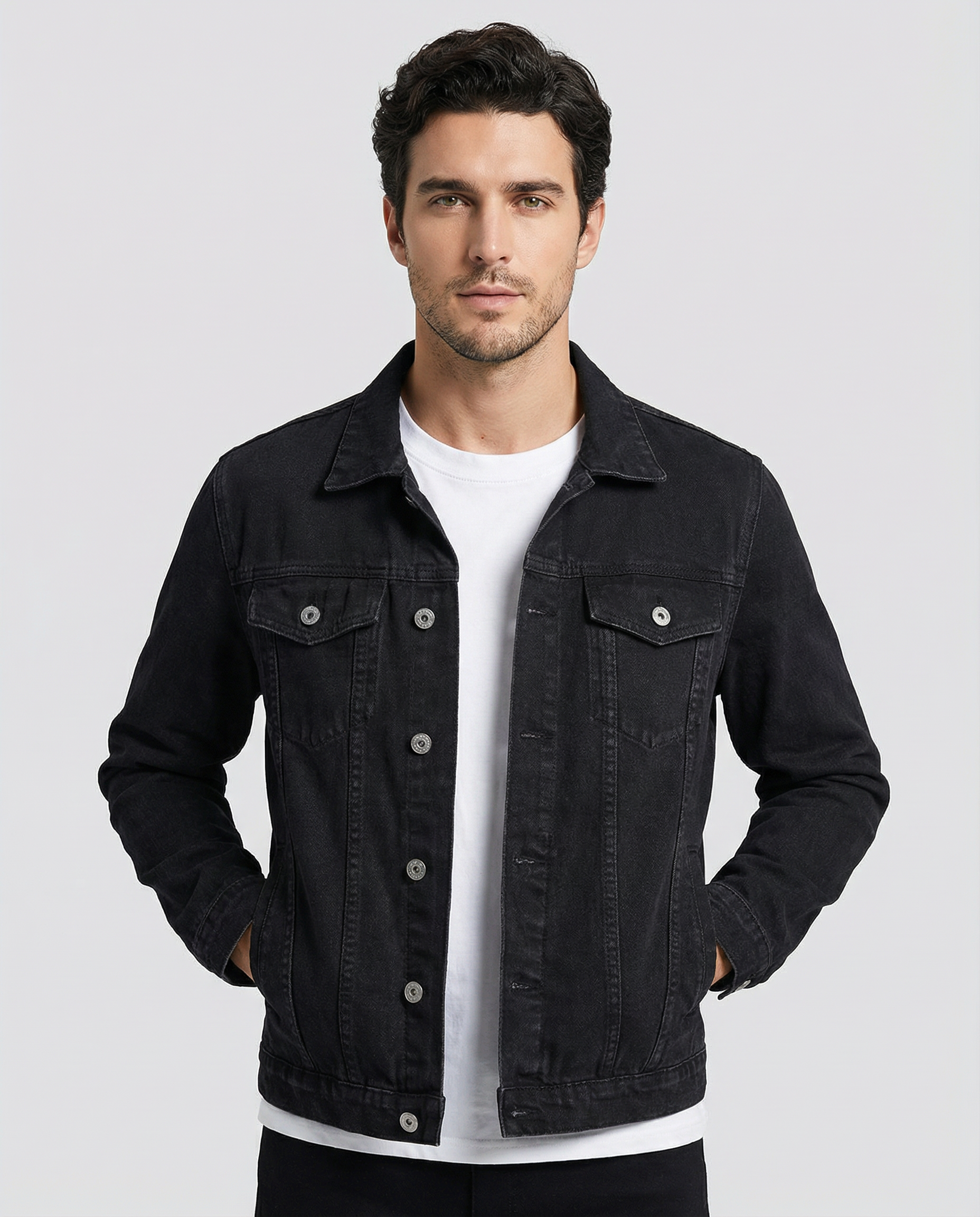 Men's Black Denim Jacket – Classic Lapel Design for Casual Style 1