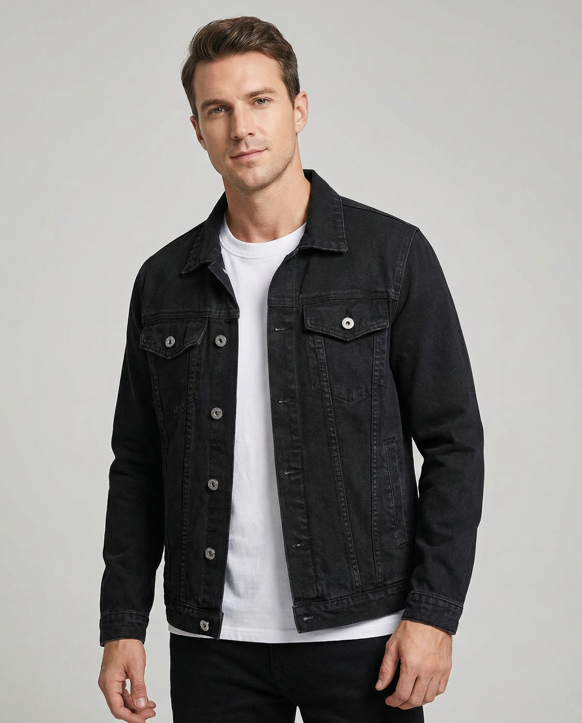 Men's Black Denim Jacket – Classic Lapel Design for Casual Style 2