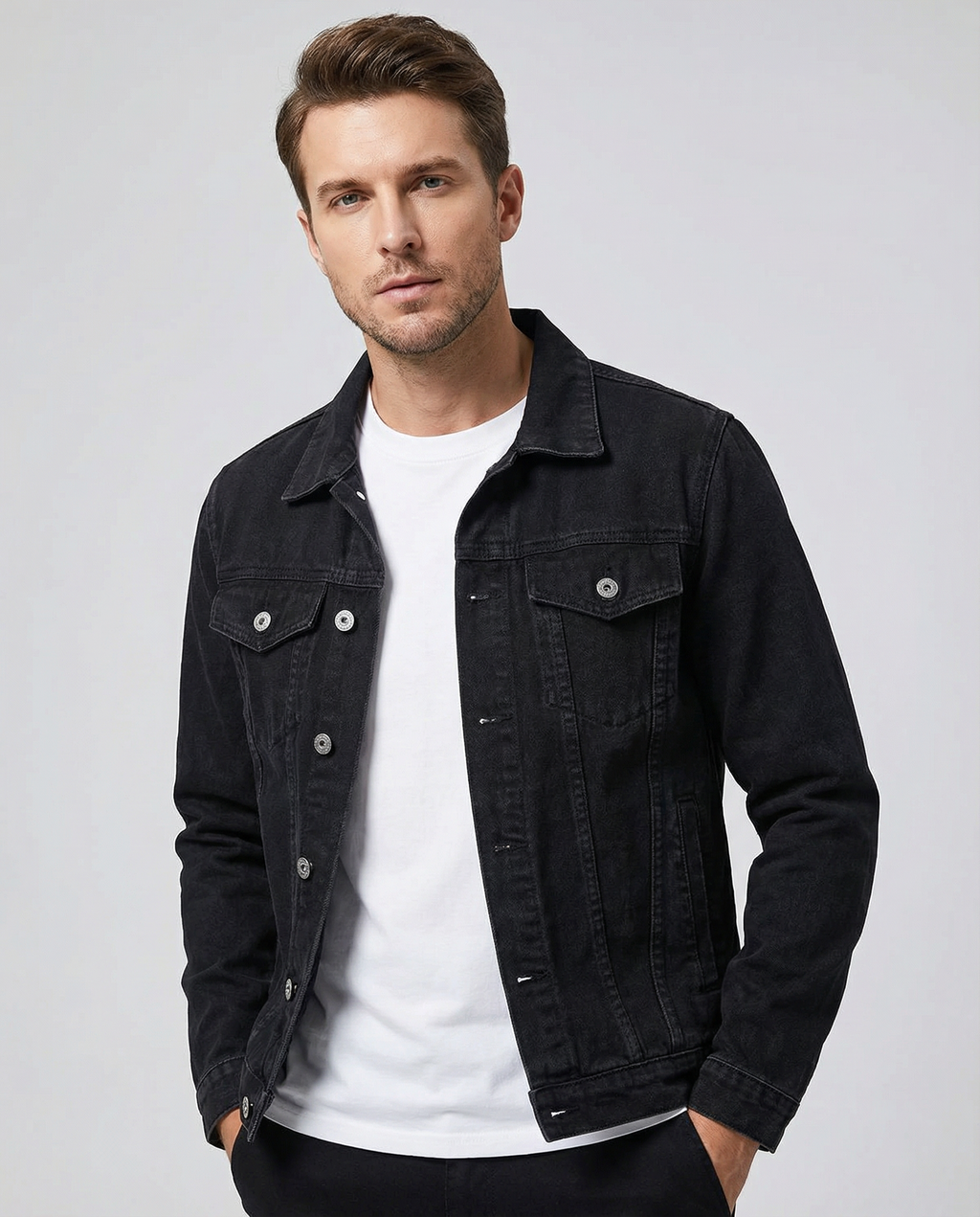 Men's Black Denim Jacket – Classic Lapel Design for Casual Style 3