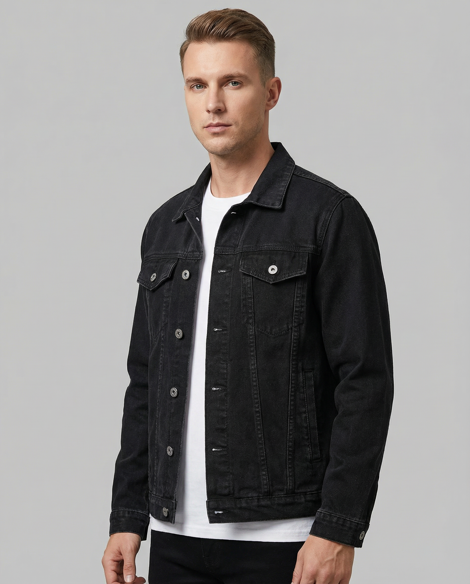 Men's Black Denim Jacket – Classic Lapel Design for Casual Style 4