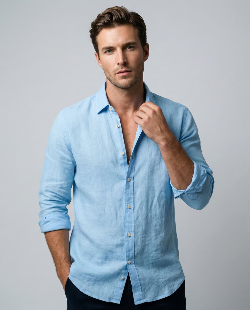 Men's Blue Casual Shirt – Breathable Cotton-Linen Blend for Summer Comfort 0