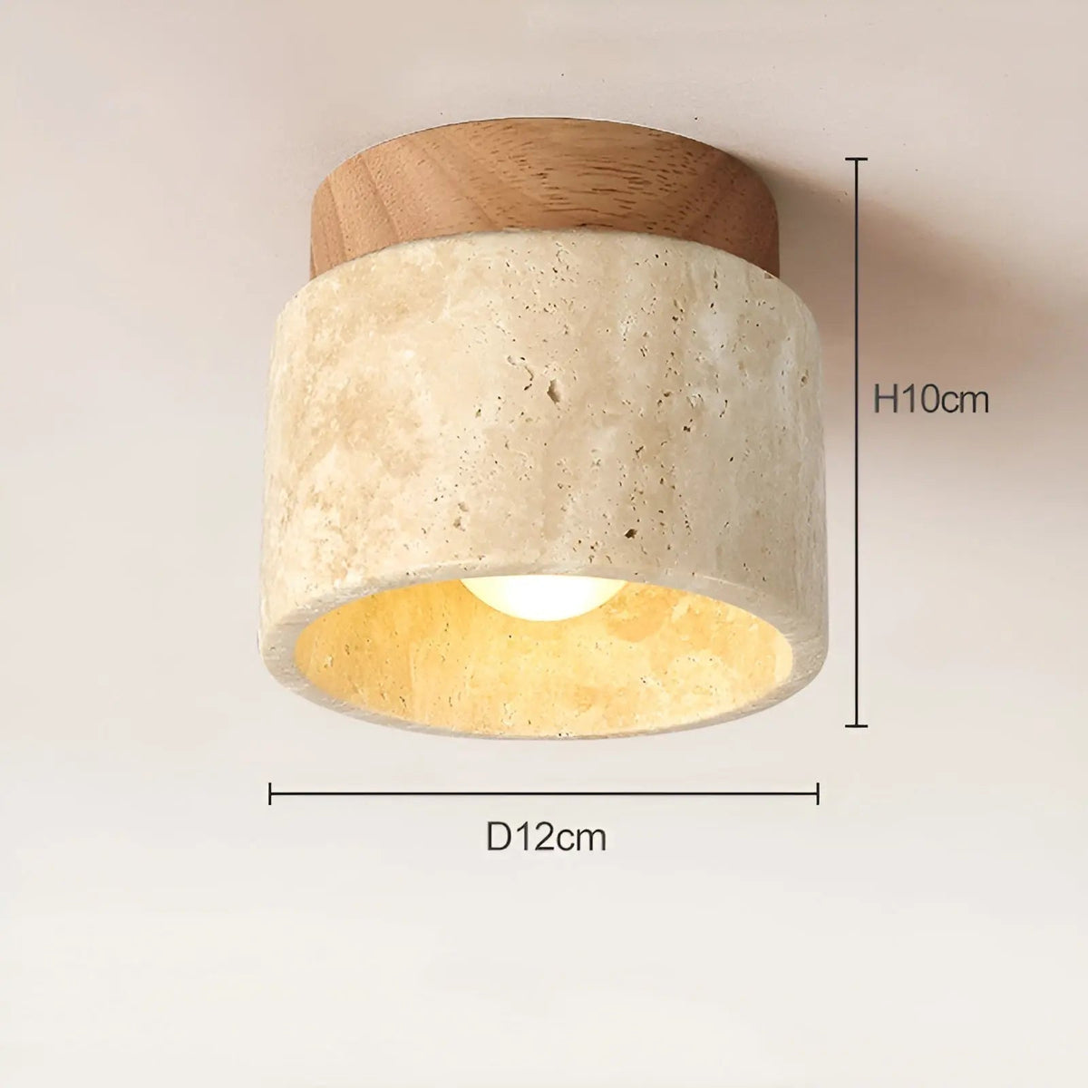 Rustic Travertine Ceiling Lamp – Wabi-Sabi Stone & Wood Flush Mount Ceiling Light, Japandi Lighting, Walnut or Natural Wood – TravaGlow