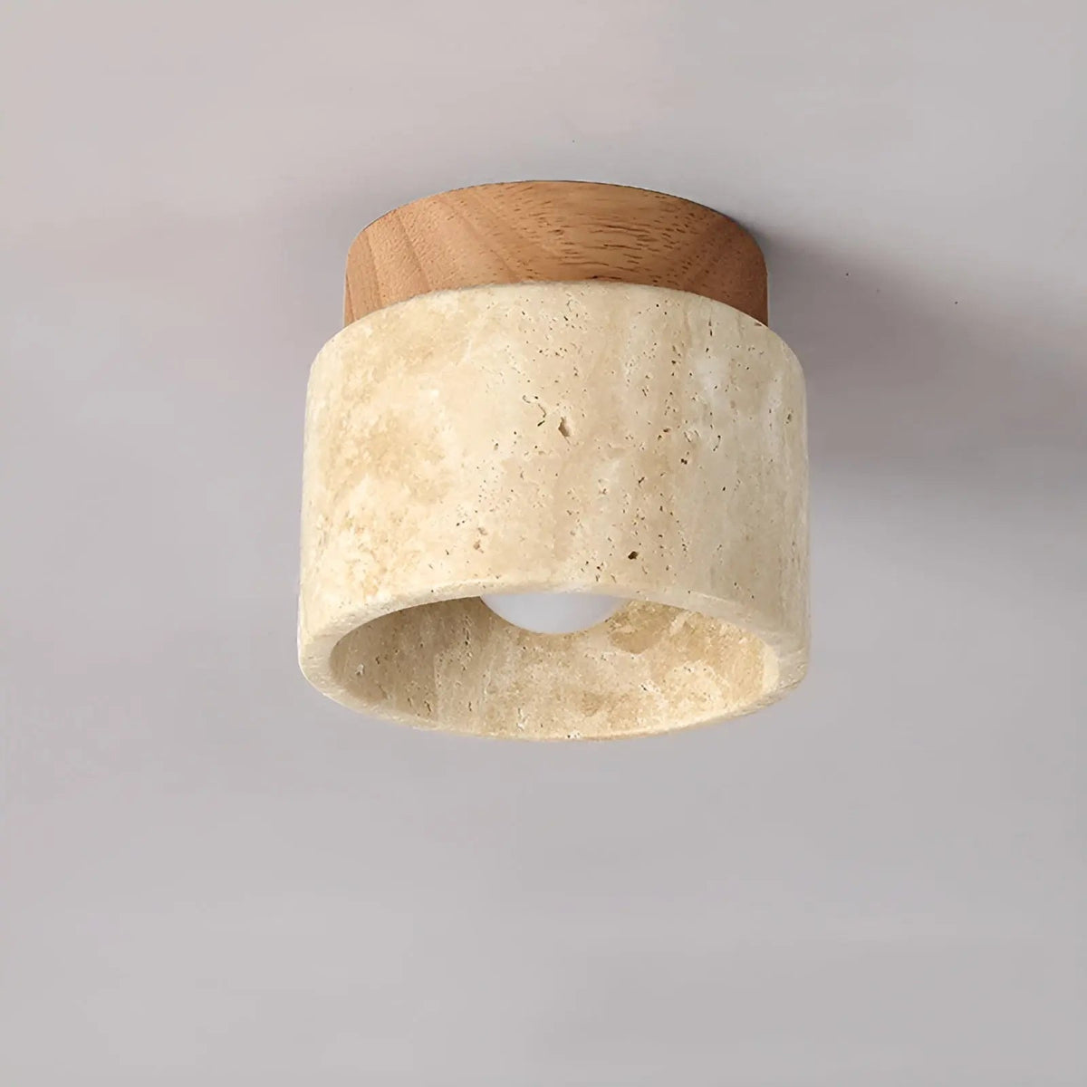 Rustic Travertine Ceiling Lamp – Wabi-Sabi Stone & Wood Flush Mount Ceiling Light, Japandi Lighting, Walnut or Natural Wood – TravaGlow