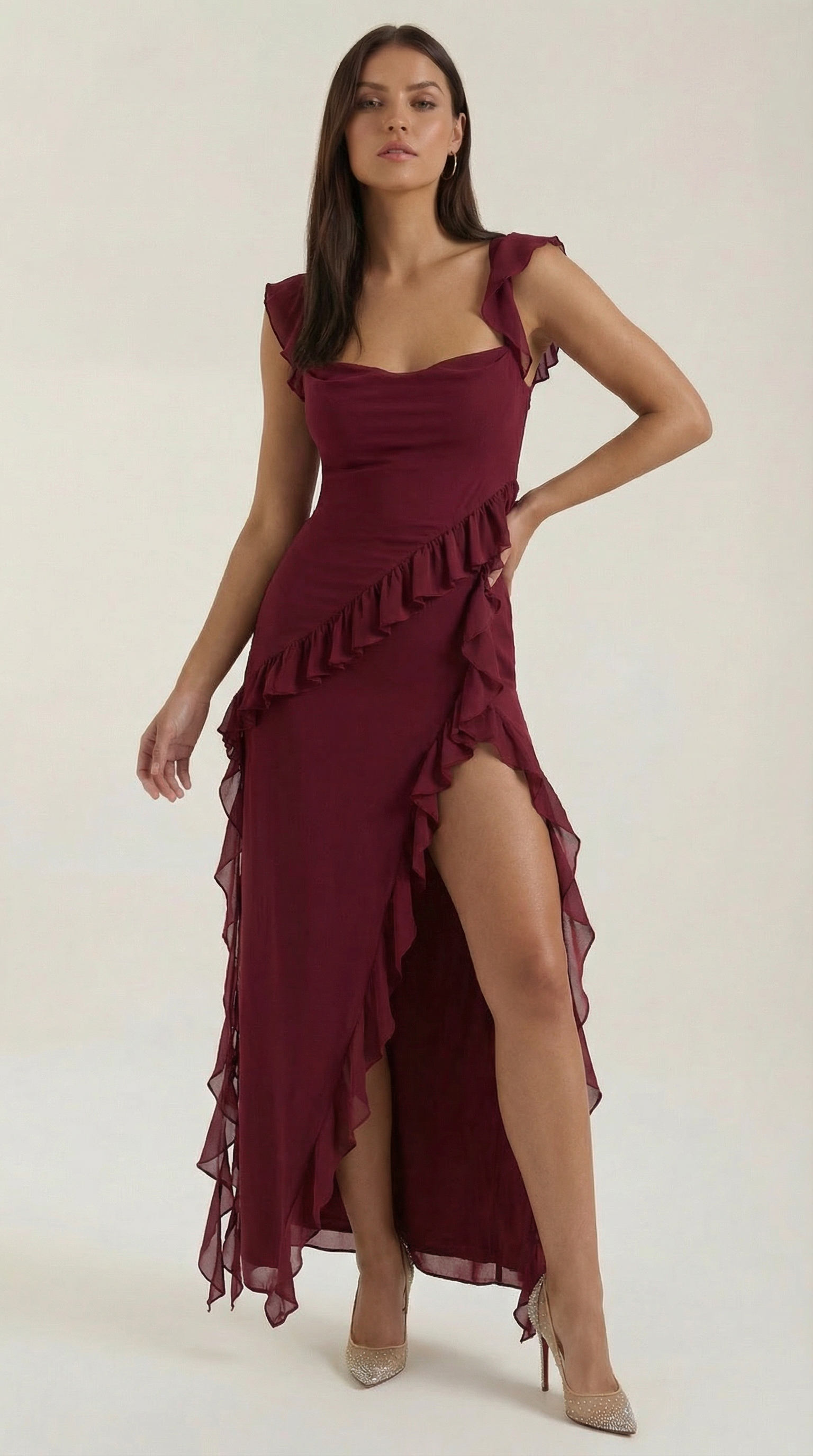 Women's Ruffled Maxi Dress V-Neck Flowy Boho Long Dress 11