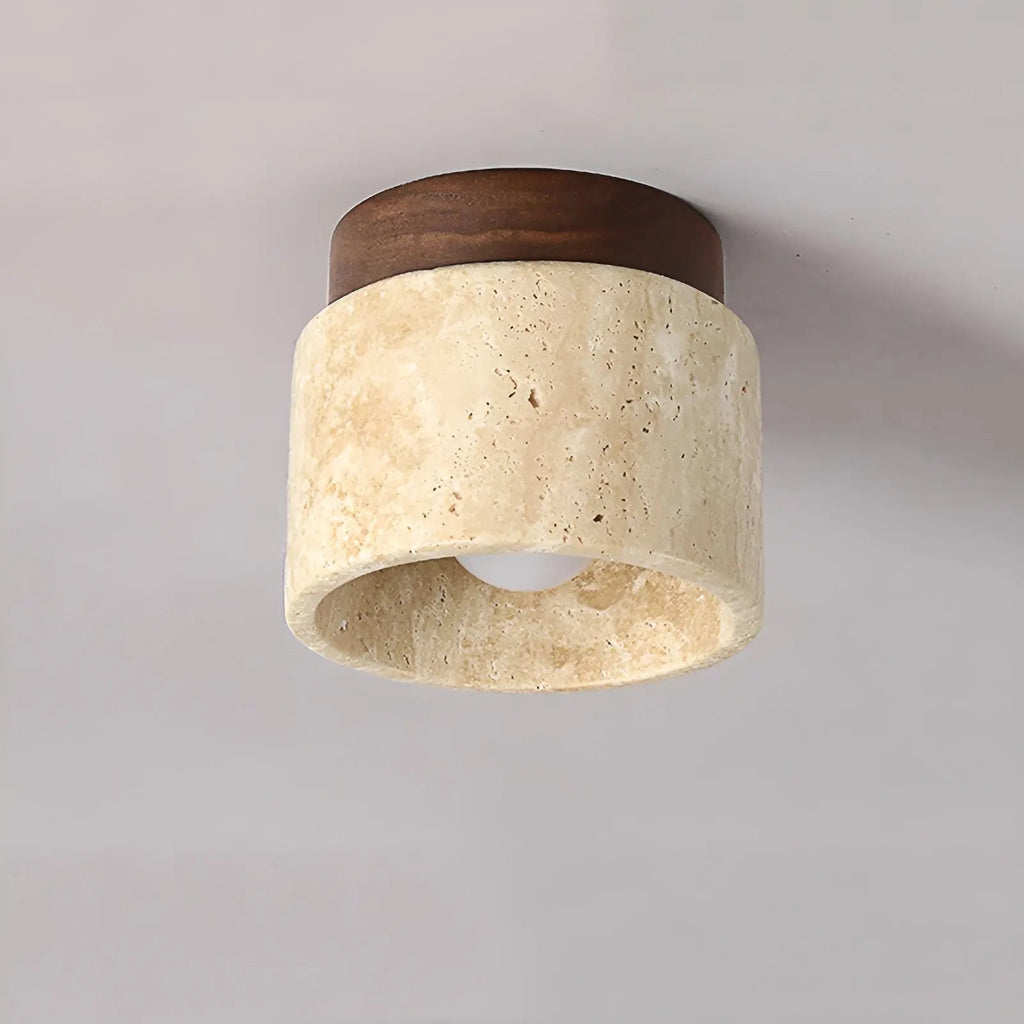 Rustic Travertine Ceiling Lamp – Wabi-Sabi Stone & Wood Flush Mount Ceiling Light, Japandi Lighting, Walnut or Natural Wood – TravaGlow