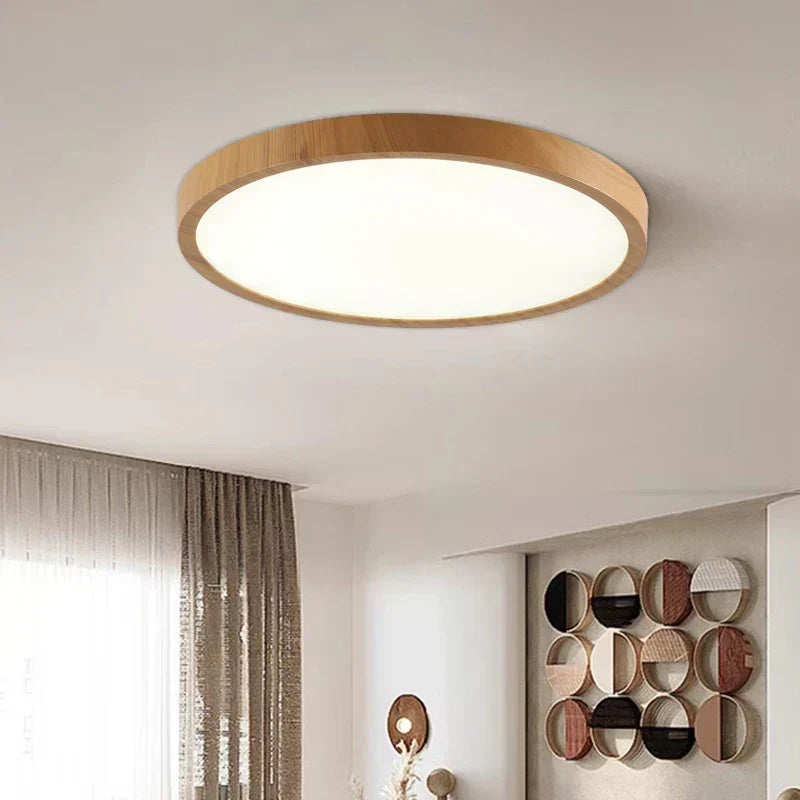 Ultra-thin, round walnut wood ceiling lamp for elegant, modern spaces