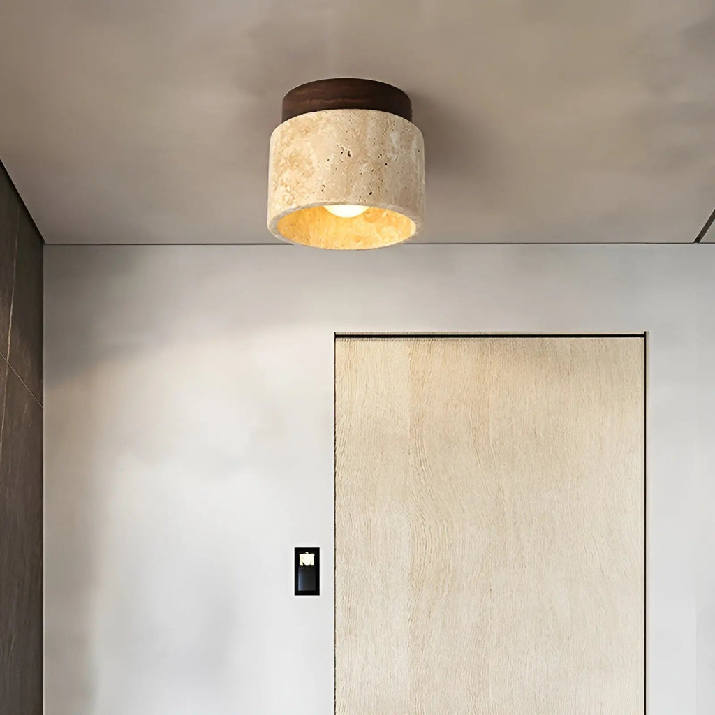 Rustic Travertine Ceiling Lamp – Wabi-Sabi Stone & Wood Flush Mount Ceiling Light, Japandi Lighting, Walnut or Natural Wood – TravaGlow
