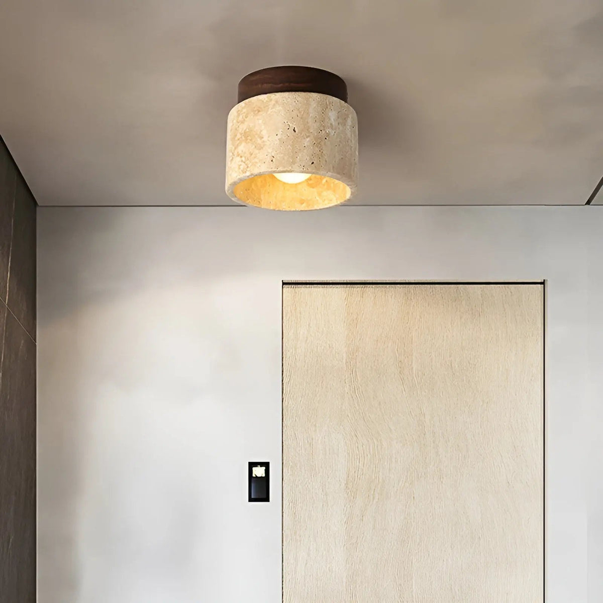 Rustic Travertine Ceiling Lamp – Wabi-Sabi Stone & Wood Flush Mount Ceiling Light, Japandi Lighting, Walnut or Natural Wood – TravaGlow